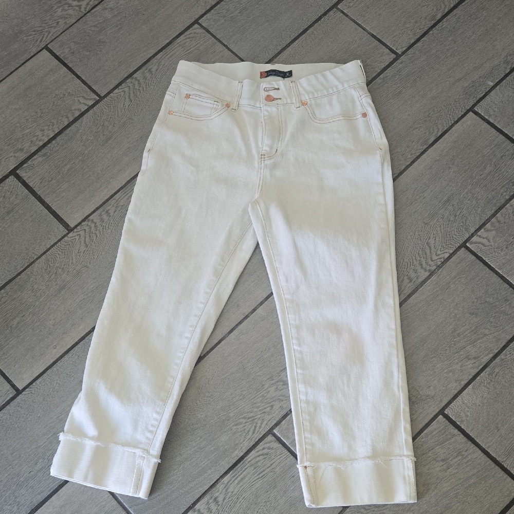 Indigo Poppy White Cropped Jeans Raw‎ Hem Rose Gold Accents Women Size 12